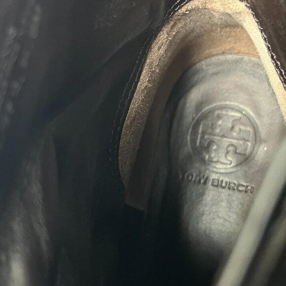 Tory Burch Colton Flat Leather Bootie Dark Brown logo Size 6 - Picture 13 of 15
